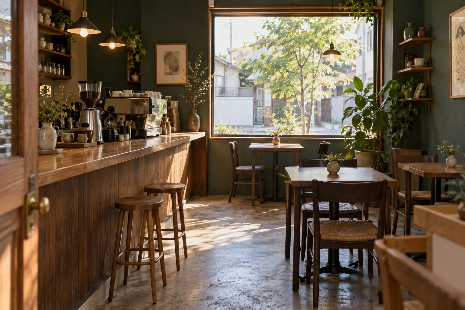 木の家具と緑に囲まれた小さなカフェ。AI生成の店内イメージ